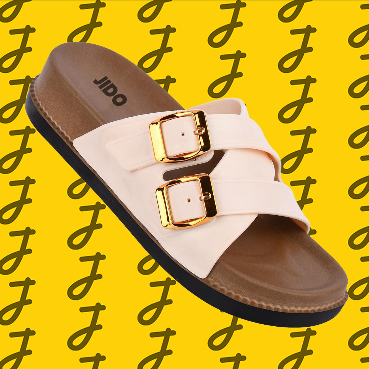 Double-Buckle Cross-Strap Slide in Cream